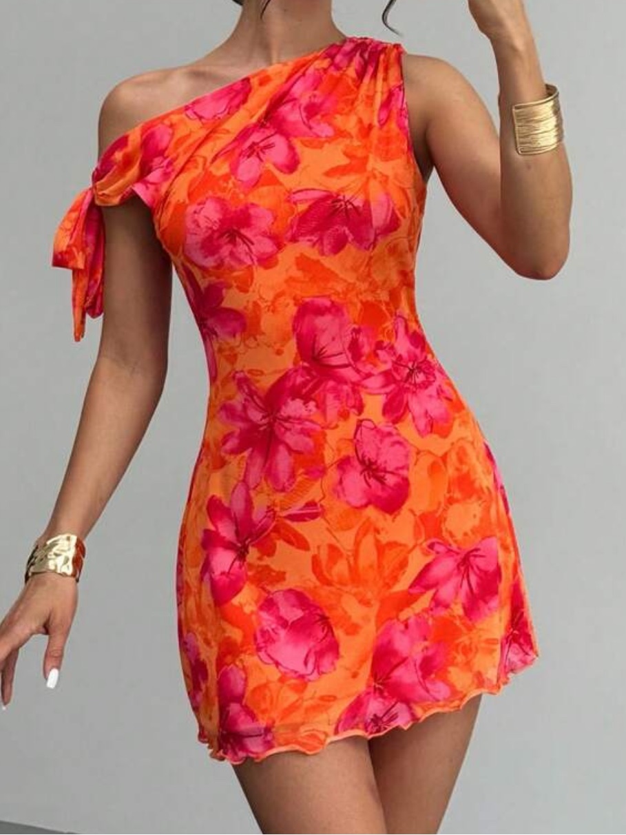 One-Shoulder Red Orange & Pink Floral Mini Women’s Dress Never Worn